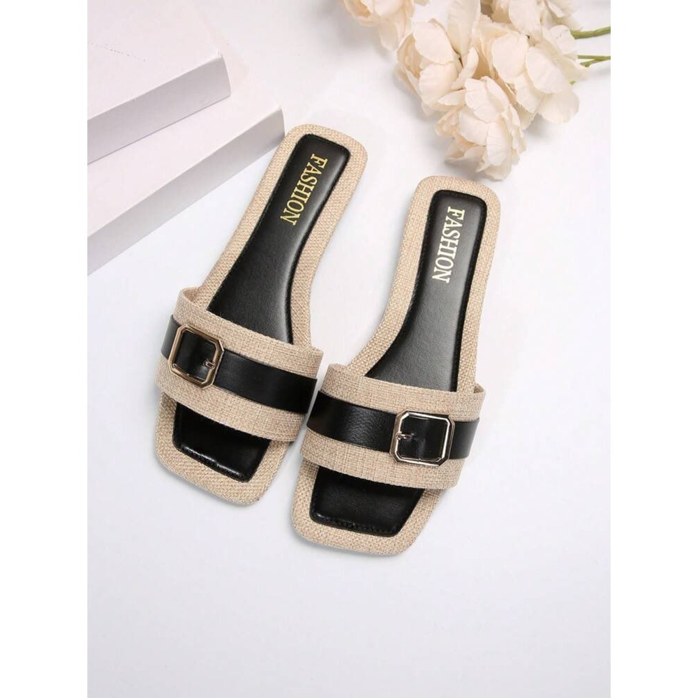 Fashion Women Square Toe Buckle Slide Sandals Beige Black Woven Flats